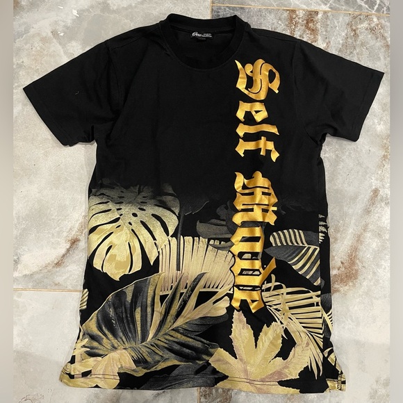 Black and Gold Short Sleeve Tee with Tropical Leaf Design - Picture 1 of 6